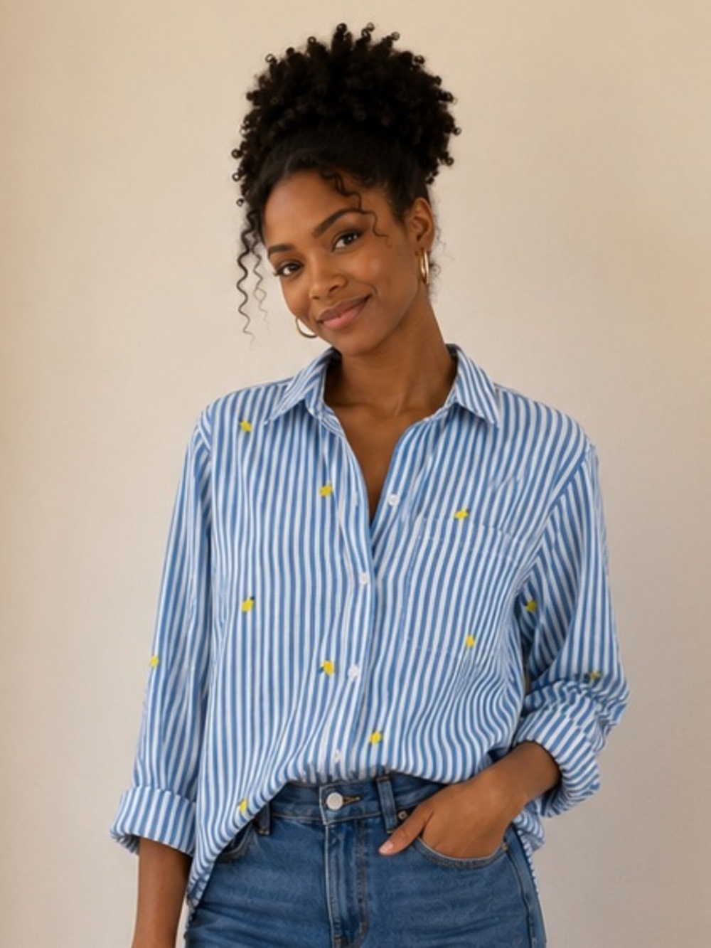 beachlunchlounge Blue and White Striped Button-Down Shirt